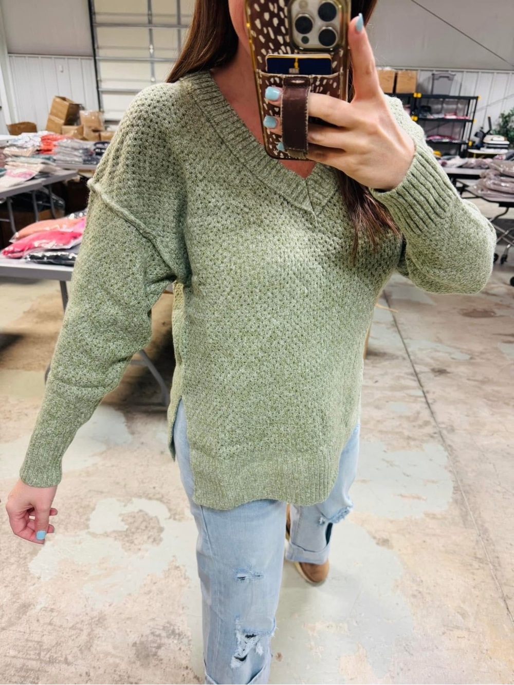 Relaxed Olive V-Neck Women's Sweater